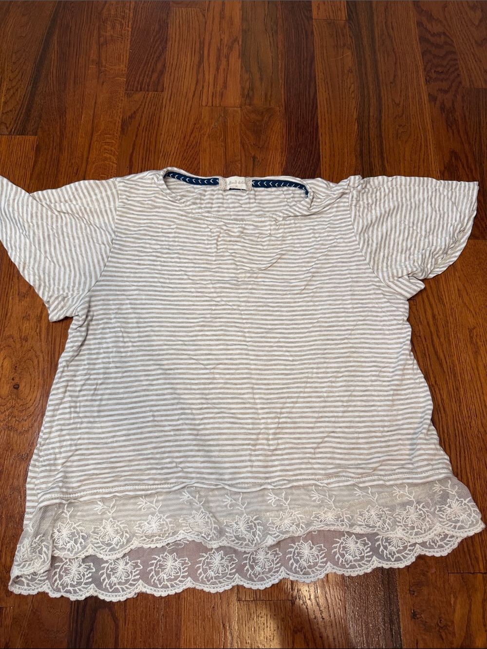 Altar'd State White & Light Gray Striped Lace-Hem Short Sleeve Top